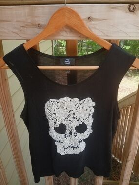 Ming Wang Black Tank with White Crochet Skull Applique